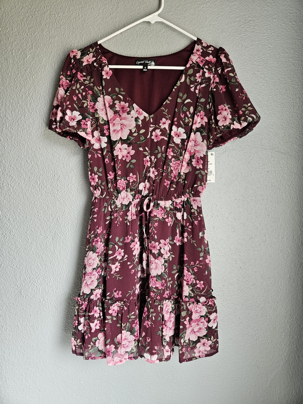 Crystal Doll Burgundy Pink Floral Chiffon Ruffled Mini Dress - Size S